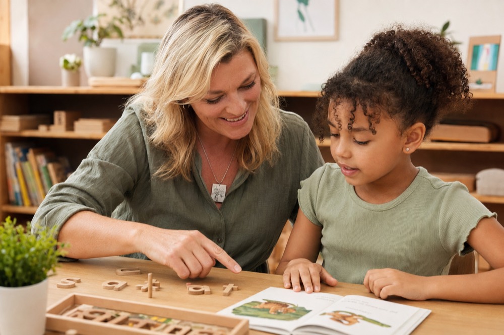 Alix Daykin working one to one with a young learner using wooden letters