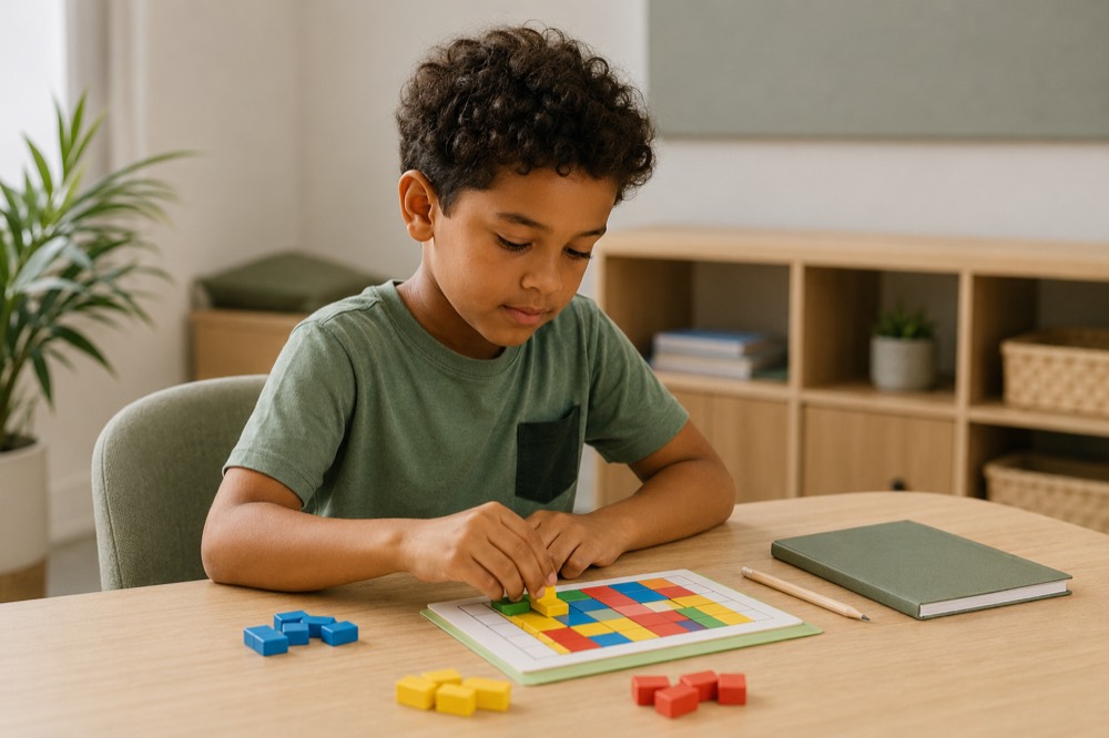 A pupil working through a coloured block pattern task