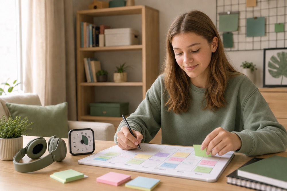 A teenager planning her week with sticky notes and a visual timer